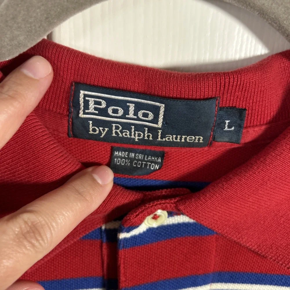 VINTAGE‎ Polo Ralph Lauren Golf Logo Red Blue White Stripe Size L 100% Cotton